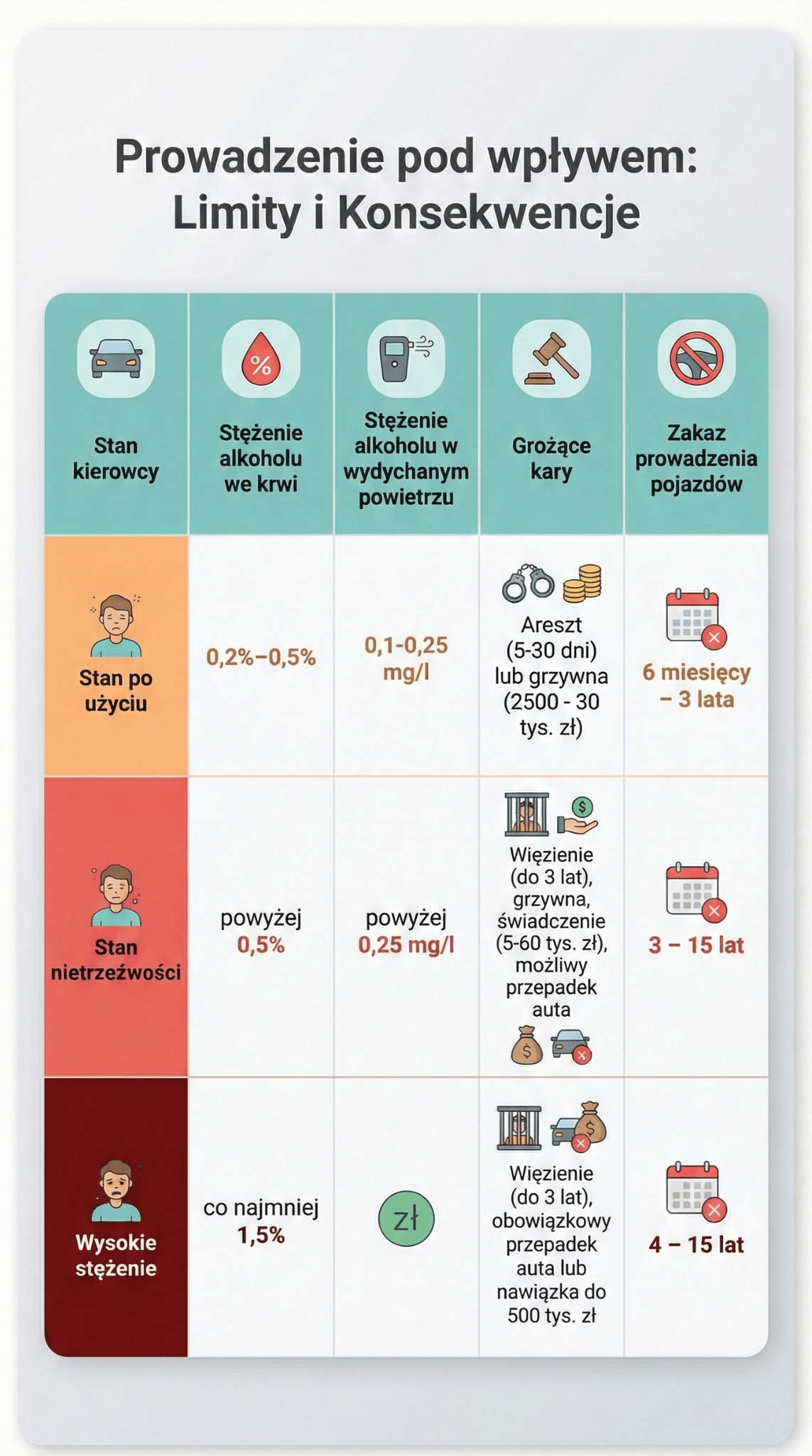 Infografika przedstawiająca limity alkoholu w Polsce oraz kary za jazdę po alkoholu stan po użyciu, stan nietrzeźwości, wysokie stężenie, zakaz prowadzenia i przepadek auta. Po aktualizacji przepisów 29 stycznia 2026 roku.