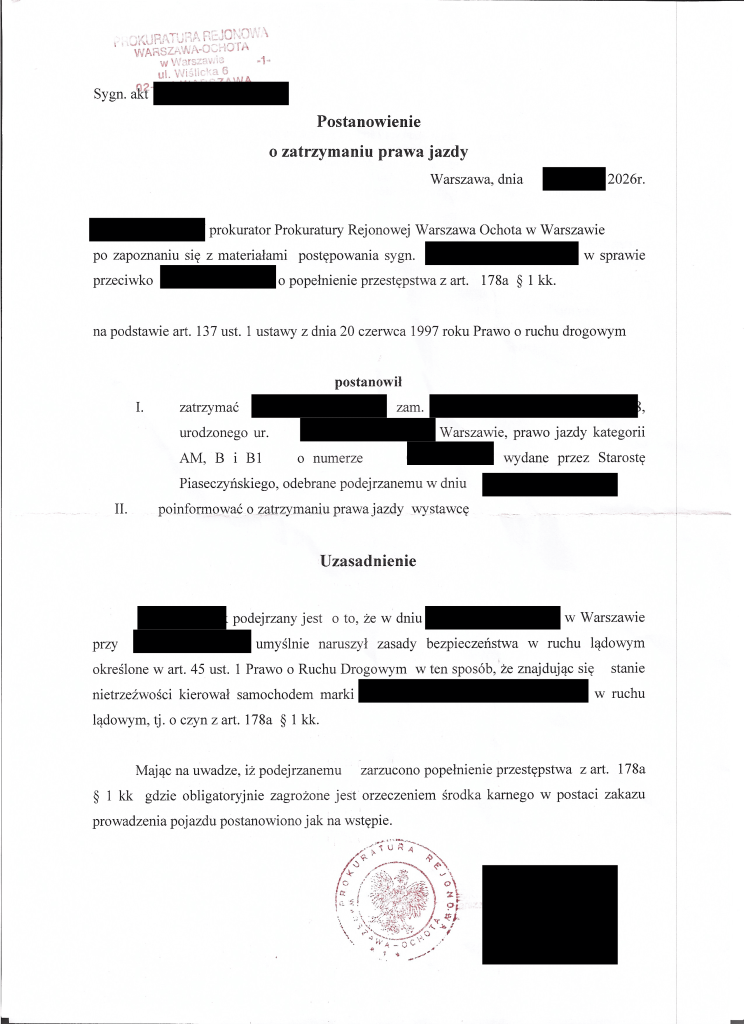 Postanowienie prokuratora o zatrzymaniu prawa jazdy w Warszawie na podstawie art. 178a kodeksu karnego – dokument urzędowy