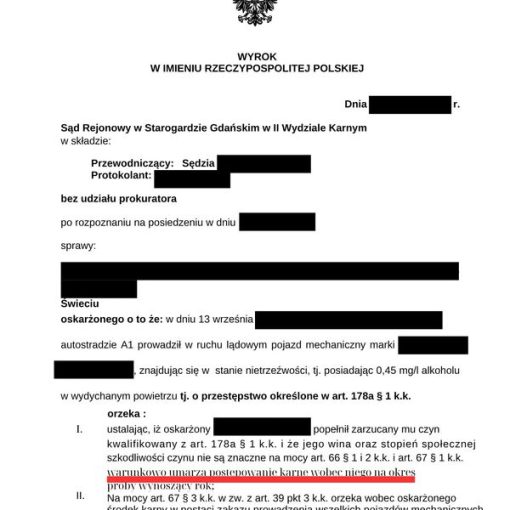 wyrok sądu warunkowe umorzenie jazda po alkoholu 0,45 mg/l art 178a §1 kk zakaz prowadzenia pojazdów