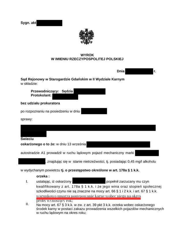 wyrok sądu warunkowe umorzenie jazda po alkoholu 0,45 mg/l art 178a §1 kk zakaz prowadzenia pojazdów