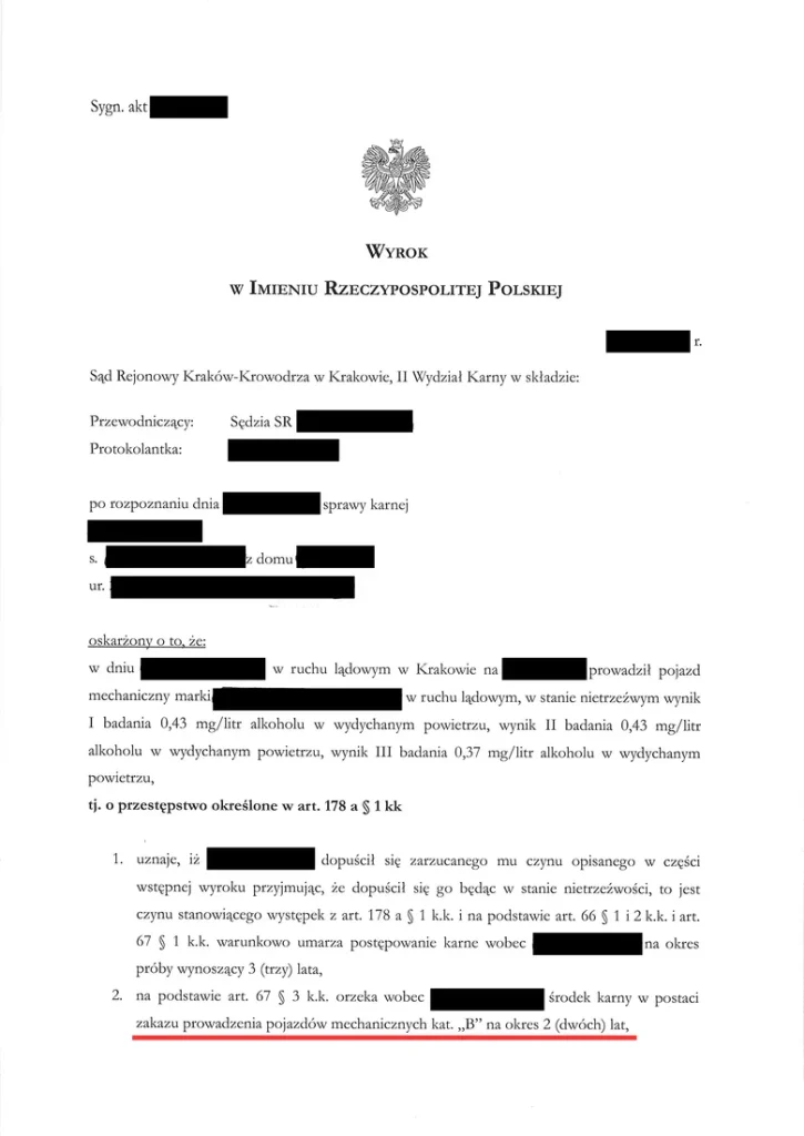Pozytywny wyrok klienta kancelarii Skręć w Prawo, zakaz prowadzenia pojazdów tylko kategorii B