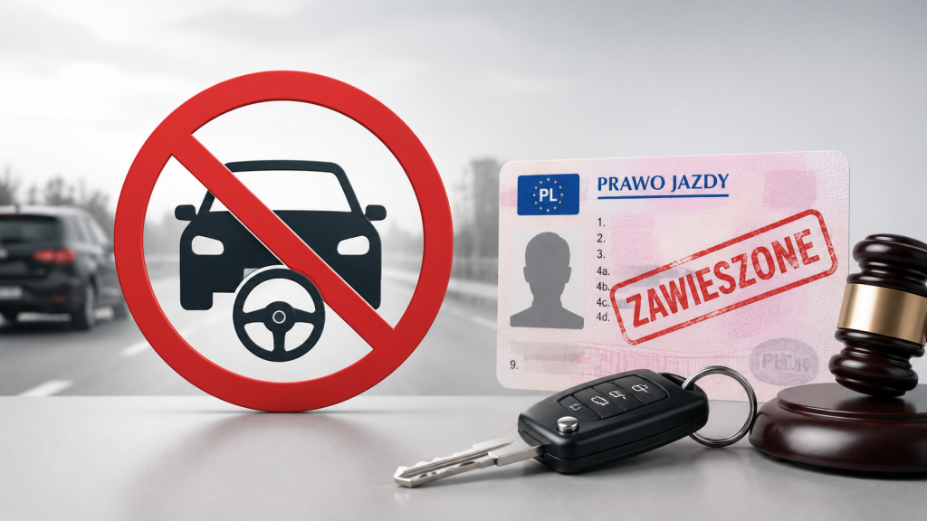 Zatrzymane prawo jazdy obok znaku zakazu prowadzenia pojazdów, kluczyków samochodowych i młotka sędziowskiego.