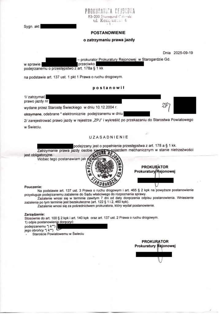 Postanowienie o zatrzymaniu prawa jazdy wydane przez prokuraturę rejonową za jazdę pod wpływem alkoholu – przykład dokumentu